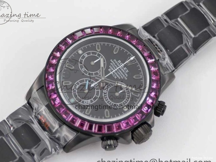 0223 Daytona All Black PVD TWF Best Edition Purple Diamonds Bezel Black Dial on PVD Bracelet SA Lightweight 2446